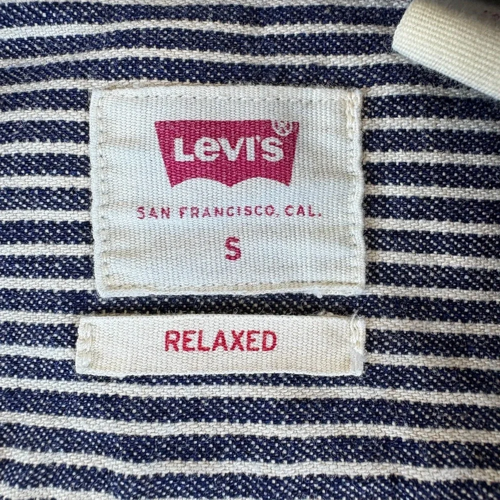 Levi's Worker Shirt Mens Small Navy White Striped Denim Button Up Relaxed Fit